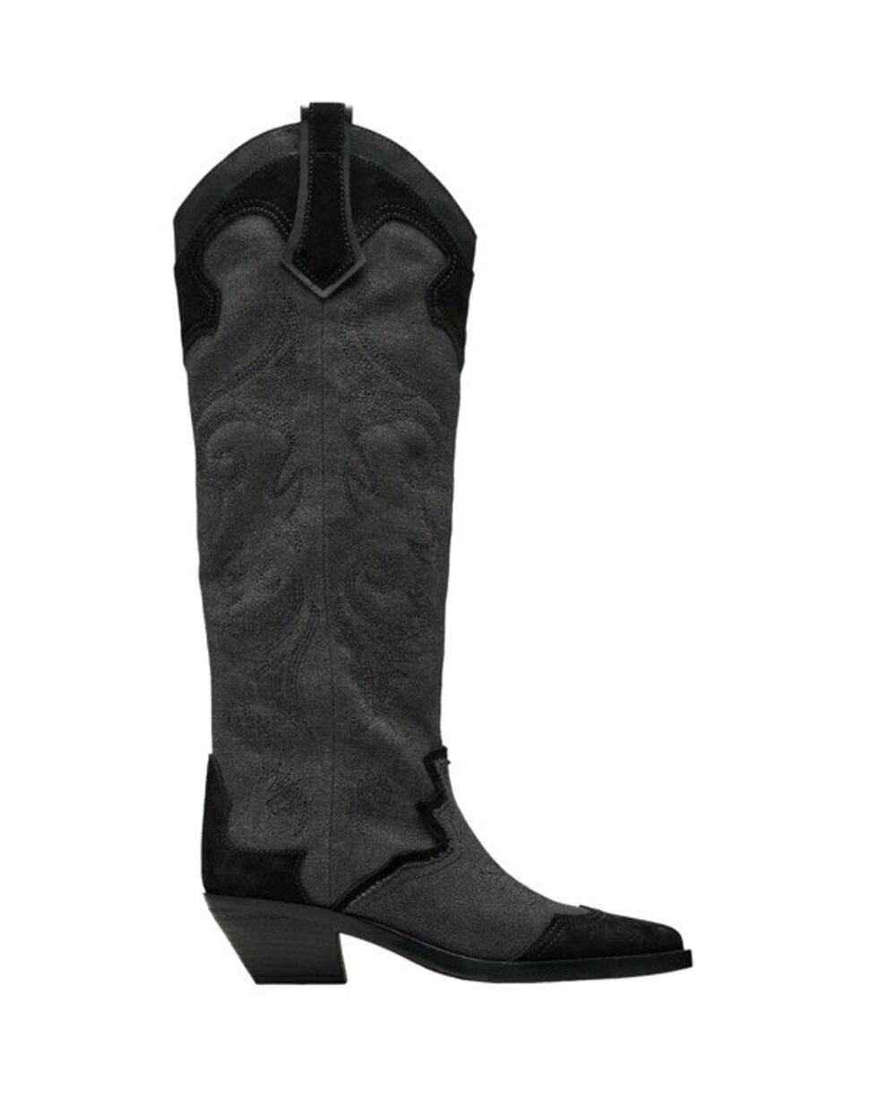 Zara Denim Suede Cowboy Boots 37 US 6.5 Black Embroidered Western